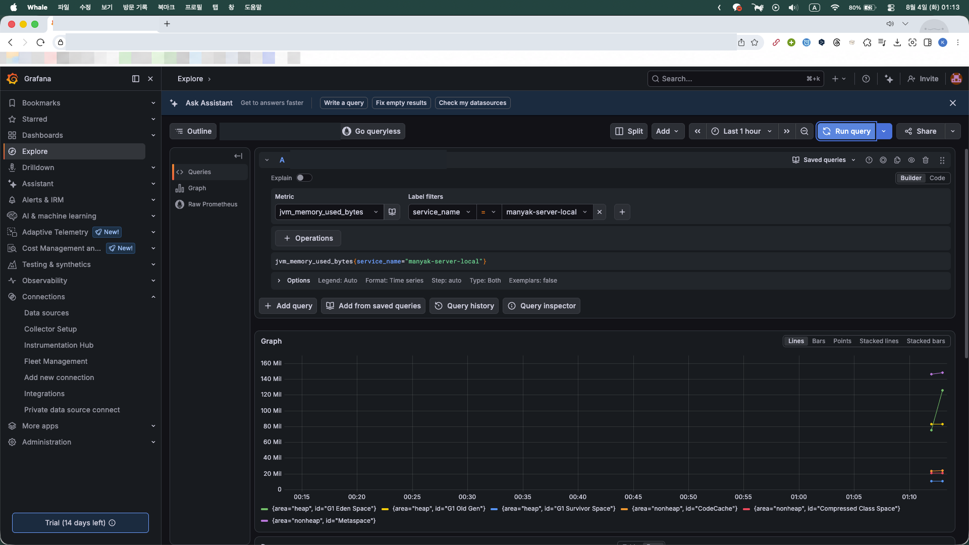 heap과 nonheap 영역별 JVM 메모리 사용량 그래프