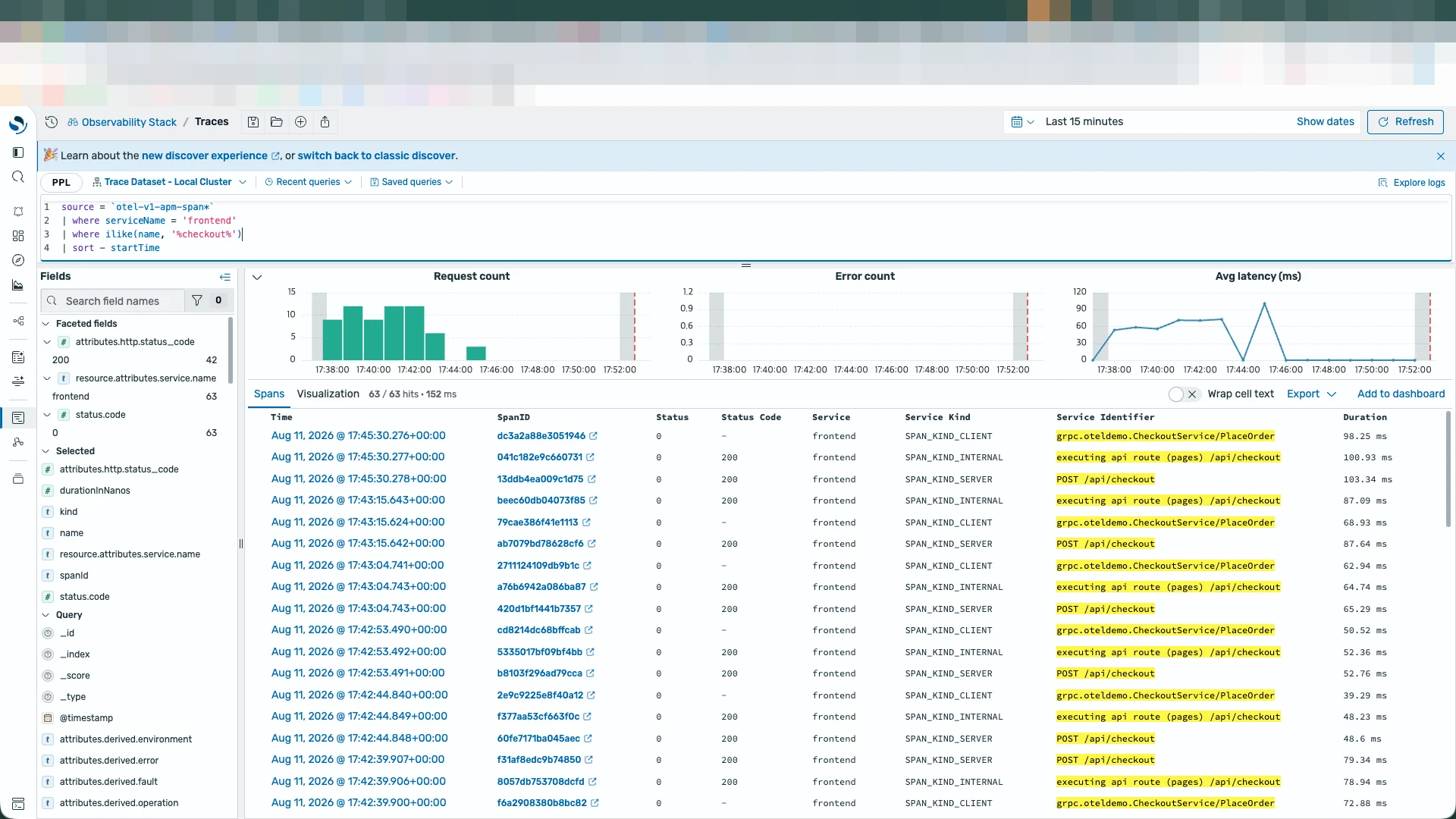 PPL로 frontend의 checkout span 검색