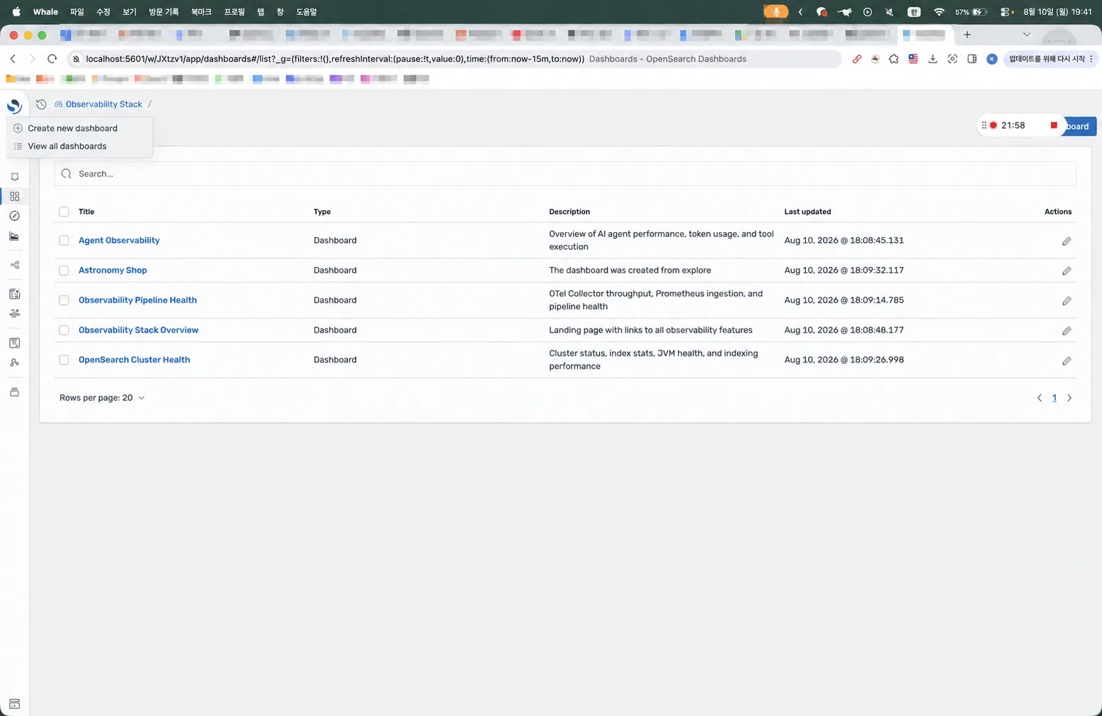 초기화된 OpenSearch Dashboards 목록